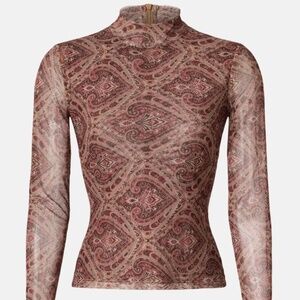 Ronny Kobo Mock Neck Mesh Top - brown / ivory paisley print. Size Small.